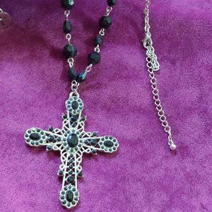 26" Silver Tone Black Beaded Cross Necklace